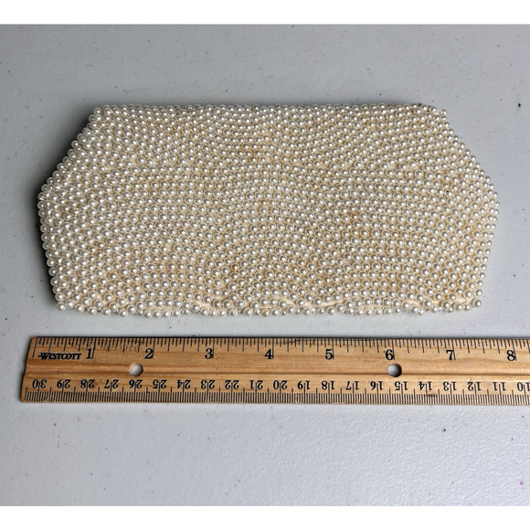 Vintage Pearl Beaded Clutch Handmade Japan Mid Century 8x4 Ivory Butterfly Snap - Picture 6 of 16